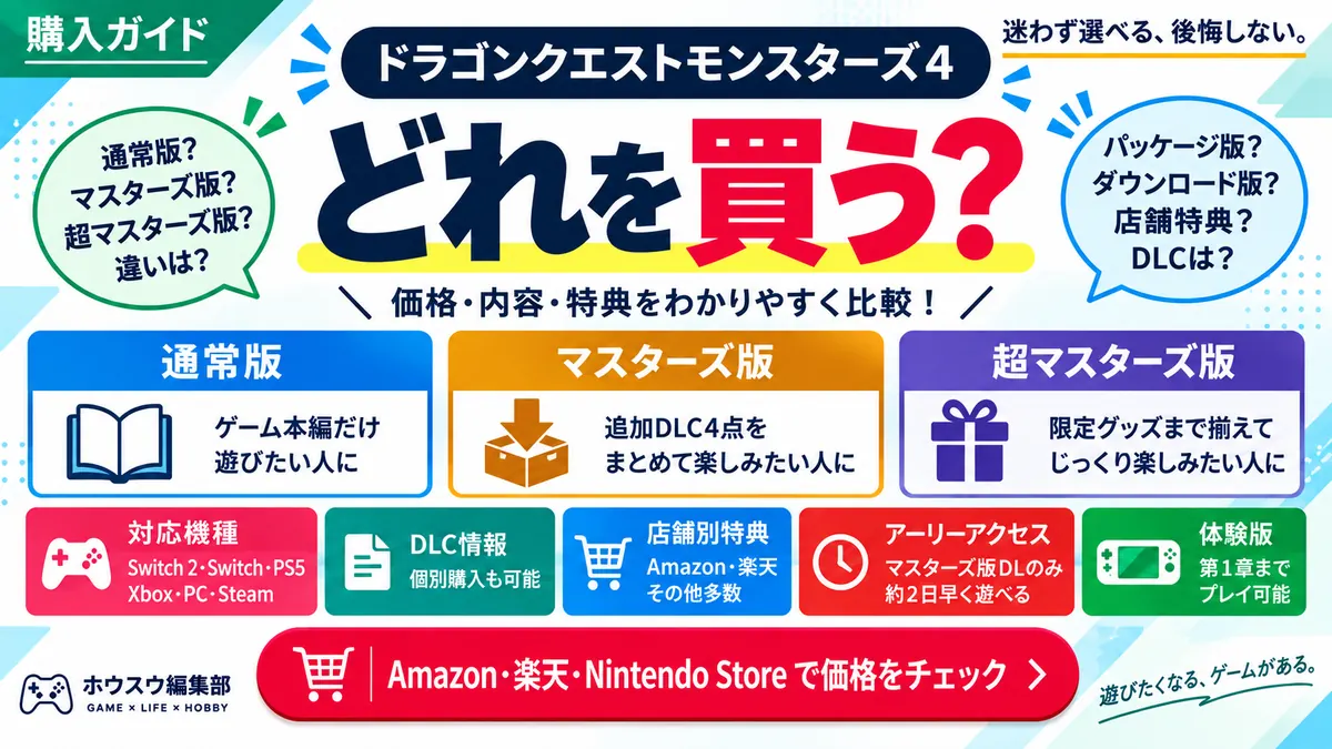 『ドラクエモンスターズ4』どれを買う?通常版・マスターズ版・超マスターズ版の違いを比較