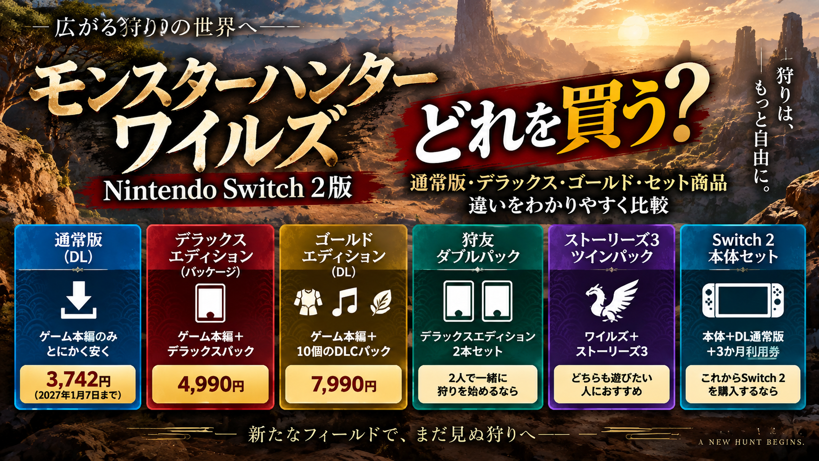 『モンスターハンターワイルズ』Switch 2版はどれを買う?通常版・デラックス・ゴールドの違いを比較